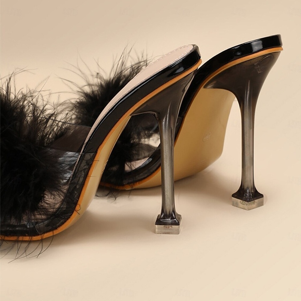 Women's Black Feather Stiletto Heels with Square Toe Size: 42/ US 10/10.5 - Picture 2 of 5